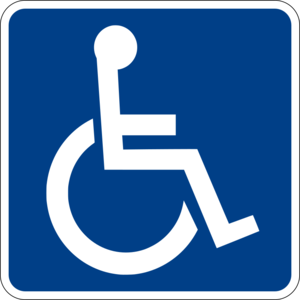 Piktogram symbolizujący człowieka na wózku inwalidzkim. Granatowe tło, biały rysunek